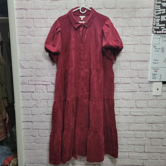 crown & ivy Dresses & Skirts - Crown & Ivy Corduroy Tiered Midi Dress 4X Burgundy Puff Sleeve Retro Whimsigoth